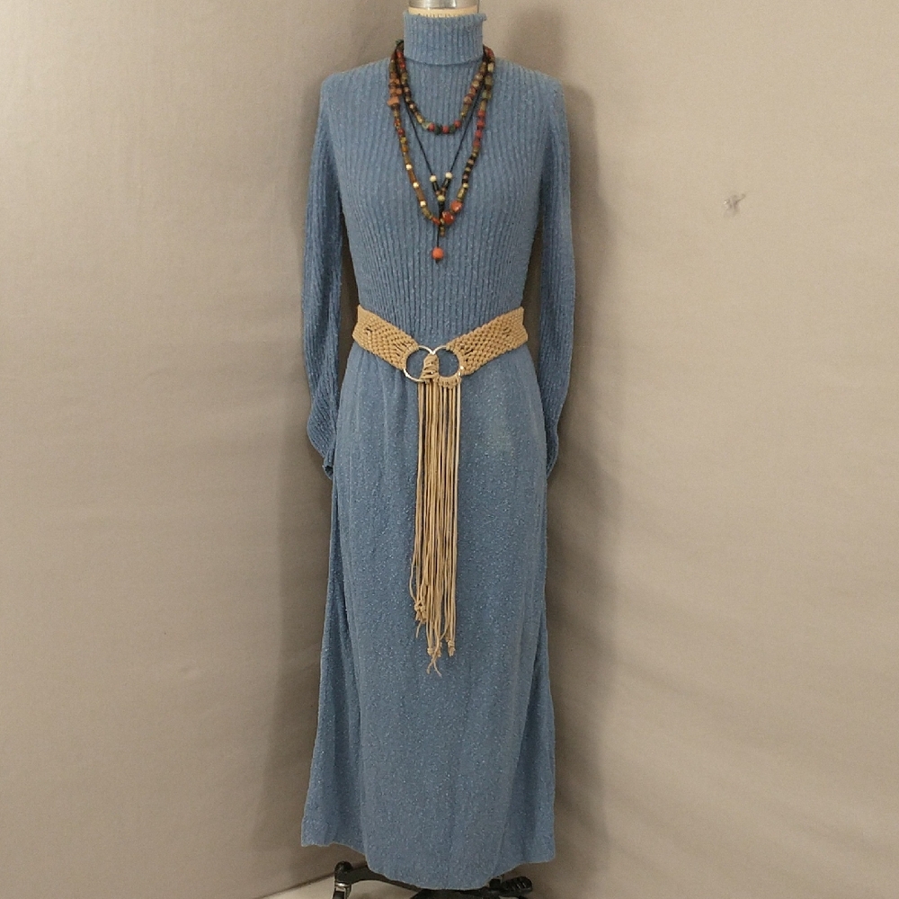 60s 70s Vintage Sweater Dress Maxi Turtleneck Blue Washable flaws SeeMeasure Pic